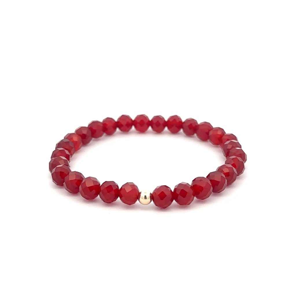 Natural Carnelian Microfaceted Gemstone Stretch Bracelet With 14k Gold Polished